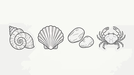 Set of sea elements spiral shell, scallop shell, smooth pebbles, and a crab, handdrawn vector illustration isolated on white background © SampaRani