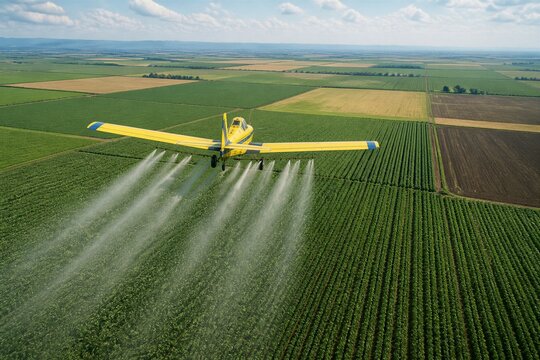 Agricultural plane spraying crops over expansive farmland