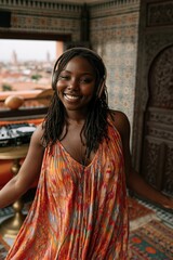 Naklejka premium Young woman smiling while standing near balcony window interior