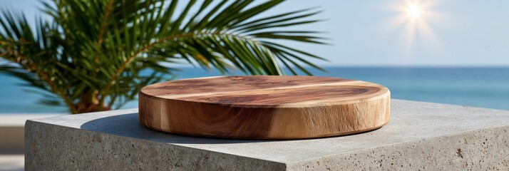 Obraz premium Thick wooden platter displayed on concrete pedestal by sea