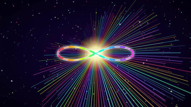 Neon infinity symbol with radiant light rays and particle background, motion glowing abstract