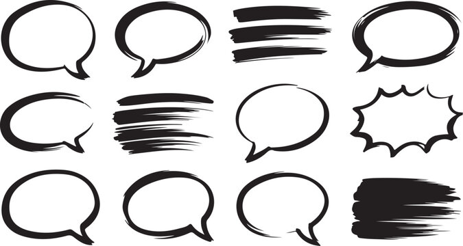 Variety of hand drawn speech bubbles and text boxes created with expressive black ink brush strokes