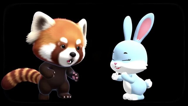 A cute red panda and a fluffy bunny character designed in a cartoon style.