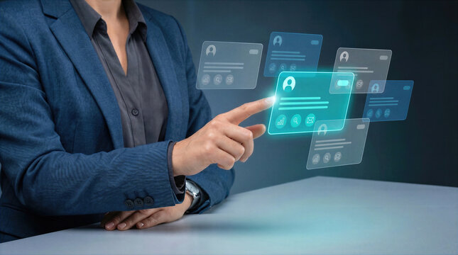 Professional in business attire interacts with a recruitment interface to select candidate profiles. Modern human resources technology streamlines hiring, talent management, and employee data search