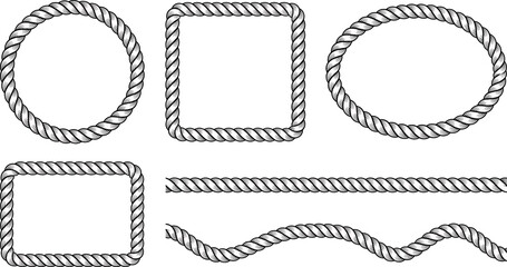 Set of rope frames and borders, nautical style twisted cord elements, vector illustration isolated on white background © SampaRani