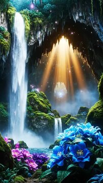 Premium Shot Of Magical Glowing Forest With Luminous Flowers Sparkling Waterfalls And A Large Illuminated Cave Entrance Fantasy Dreamscape