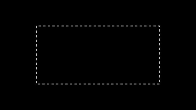 Dotted line rectangle frame animation on black background. of a dotted line path from left to right point. animation