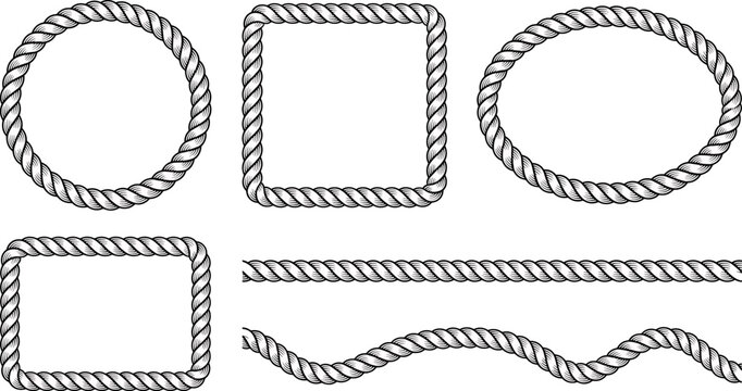 Set of rope frames and borders, nautical style twisted cord elements, vector illustration isolated on white background