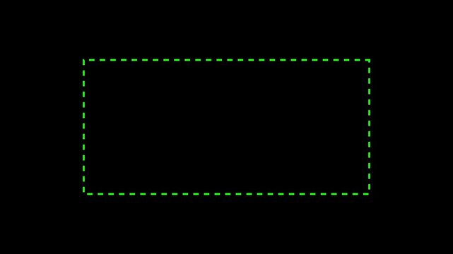 Dotted line rectangle frame animation on black background. of a dotted line path from left to right point. animation