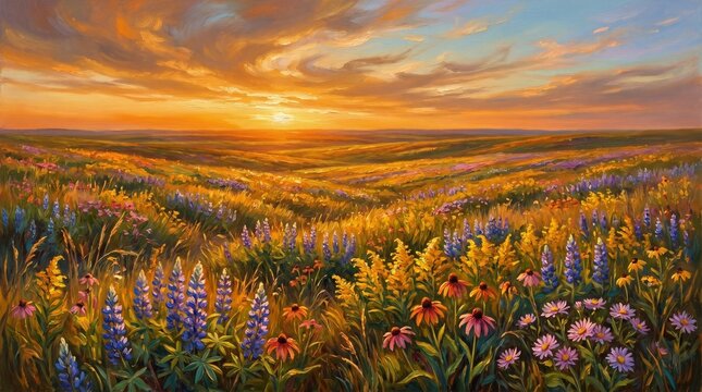 Impressionist Oil Painting of Endless American Prairie and Wildflowers at Sunset