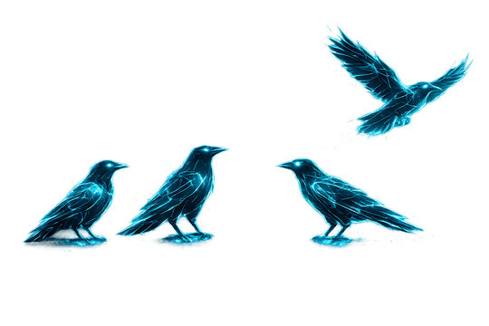 Glowing blue neon light crows flock silhouette with flying and standing ravens isolated on transparent background for futuristic magic fantasy illustration.
