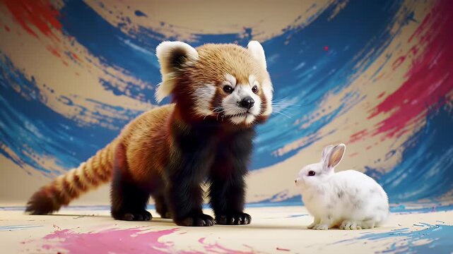 A curious red panda encounters a small white rabbit in a vibrant, artistic setting.
