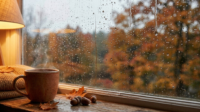 Cozy rainy autumn day view through window with cup of tea