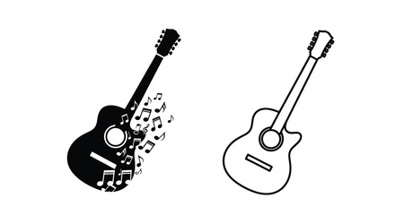 Naklejka premium Guitar with musical notes and second guitar silhouette