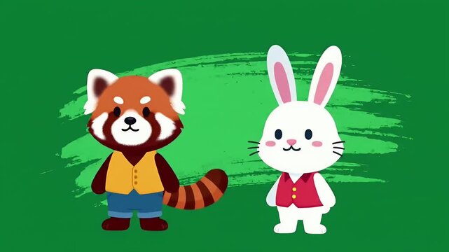 Cute red panda and rabbit characters on a green background.