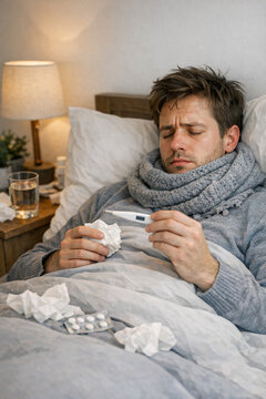 A man with a cold resting on his bed and holding a tissue box.