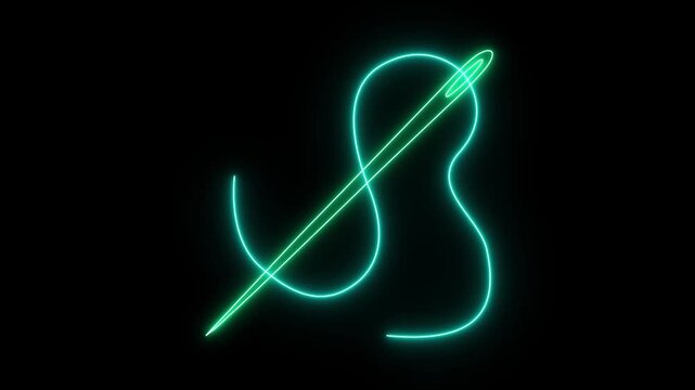 Neon Sewing Needle with Thread glowing in vibrant light, featuring a sleek illuminated outline and continuous flowing thread. Modern luminous craft symbol, futuristic textile design.4k video.
