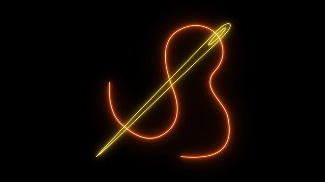 Neon Sewing Needle with Thread glowing in vibrant light, featuring a sleek illuminated outline and continuous flowing thread. Modern luminous craft symbol, futuristic textile design.