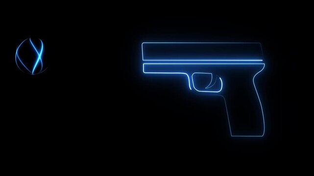 Glowing neon line Futuristic space gun blaster icon isolated on blue background. Laser Handgun. Alien Weapon. 4K Video motion graphic animation.