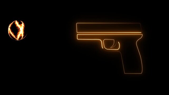Glowing neon line Futuristic space gun blaster icon isolated on blue background. Laser Handgun. Alien Weapon. 4K Video motion graphic animation.