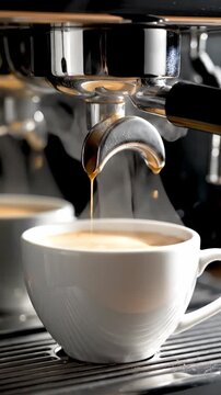 Detailed Close Up Of Modern Coffee Machine Brewing Espresso With Steam Rising Dramatically Sleek Appliance