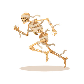 Running mummy skeleton character with wrapped bandages in dynamic action pose isolated on white background, for halloween