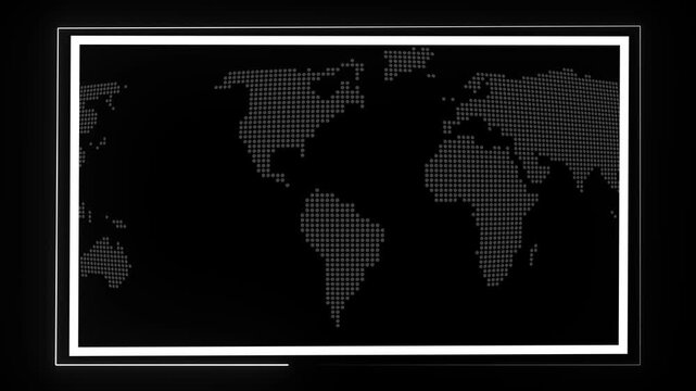 World map animation formats dotted global land vectors. Clean world map animation frames white business grid borders. Digital world map animation loops international travel paths.