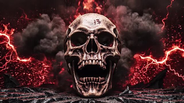 A haunting skull emerges from a fiery, lightning-filled abyss.