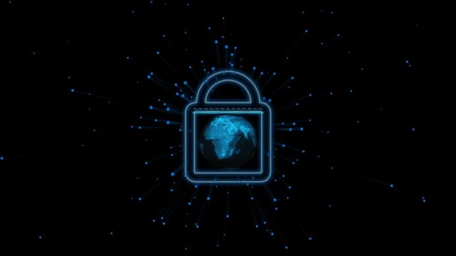 Internet protection animation locks global Earth padlocks. Cybersecurity internet protection animation shields network data. Safe internet protection animation blocks hacking actions.