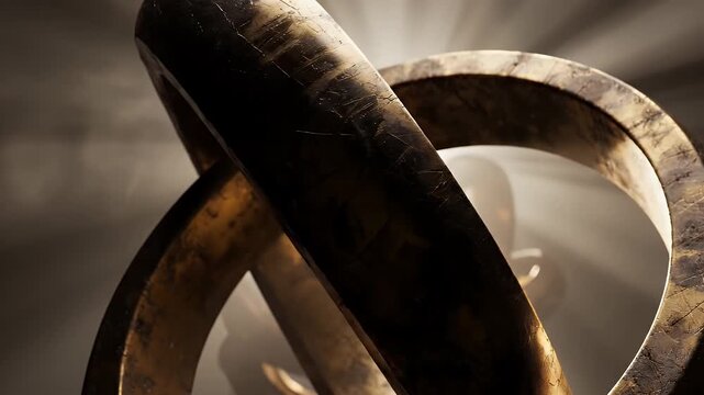 Intertwined metallic rings forming a conceptual heart shape with dramatic lighting.