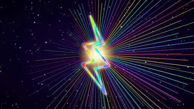 Neon rainbow lightning bolt abstract background, with glowing radial, light rays and, particle effects thunderbolt
