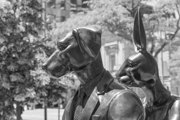 Fototapeta premium black and white view of an art installation at Roy Thomson Hall (King St W near Simcoe St), Gillie and Marc, David Pecaut Square, Toronto