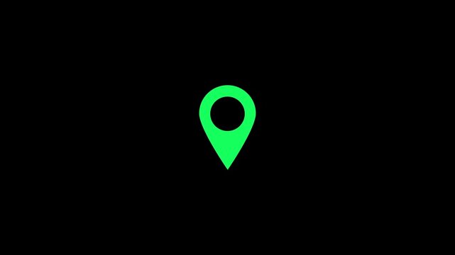 Green map location pin with a circular hole in the center isolated on a solid black background for navigation and geolocation applications