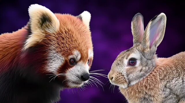 A red panda and a rabbit face each other against a purple background.