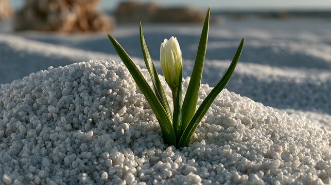 Single white crocus blooms from sandy ground