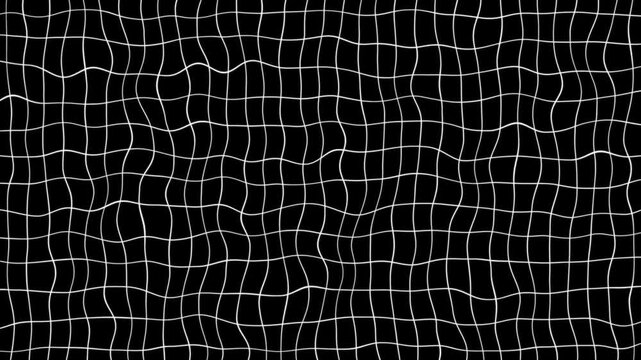 Abstract background featuring a grid of white wavy lines on a solid black surface creating a distorted mesh pattern for digital