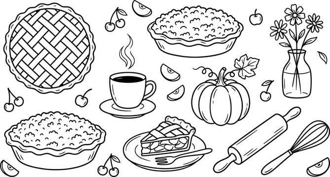 Hand drawn set of autumn baking elements, pies, pumpkin, coffee, kitchen tools and flowers isolated on white background