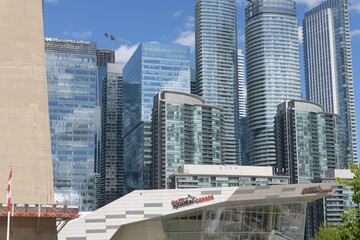 Naklejka premium looking east over Canada Lands Square to Ripley's Aquarium of Canada and beyond condominium complexes, modern office towers, and hotel, Toronto