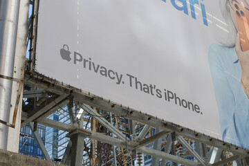 Naklejka premium close-up of an Apple Inc advertising tarp-wrap banner for Safari and iPhone highlighting its Privacy feature at a Toronto Hydro electrical vault (Peter St/King St W)