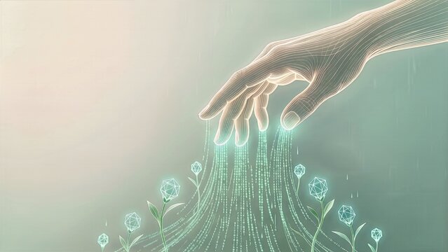 Poetic Human AI Co Creation Concept with Abstract Light Wireframe Hand Nurturing Mint Green Data Flowers and Copy Space on Cream Background