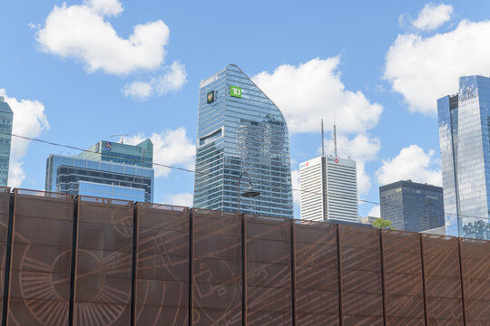 TD Terrace proudly emerging from Roundhouse Park laser-cut metal barrier at Copeland Transformer Station, Rees St and Lake Shore Blvd W, Toronto