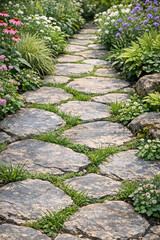 Obraz premium Bricked garden walkway with lush greenery and colorful flowers on either side.