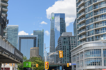 Naklejka premium looking north on Lower Simcoe just north of Lake Shore Blvd W and Gardiner Expressway, to hotels, condos, and modern office towers (including TD Terrace), Toronto