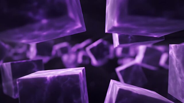 Abstract purple cubes float in a dark, ethereal space with light rays.