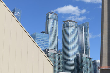 Naklejka premium looking southwest from a lookout at the Metro Toronto Convention Centre to the Delta hotel and ICE Condominiums incl 10 York St