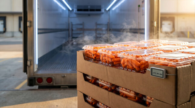 Smart cold chain logistics background. Close-up of packaged organic baby carrots in cardboard boxes by a refrigerated truck