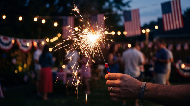 Celebratory Evening Sparkler Held by Hand at Outdoor Garden Party with Lights and Decor