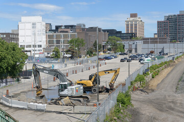 Fototapeta premium heavy machinery off Sterling Rd, viewed from atop a bridge - Nestlé Canada Inc plant, and MOCA contemporary art, Toronto
