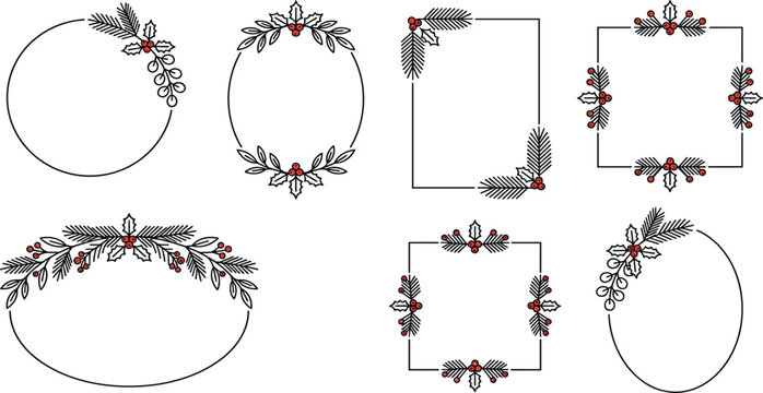 Minimalist Christmas Line Art Frame Collection with Elegant Botanical Borders Holly Berries Pine Branches and Geometric Festive Labels