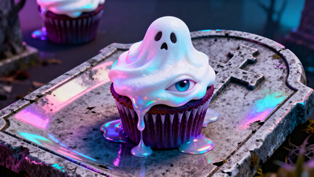 Halloween-style cupcake with sculpted ghost meringue, gothic dessert styling in pink and blue moody lighting for party banner